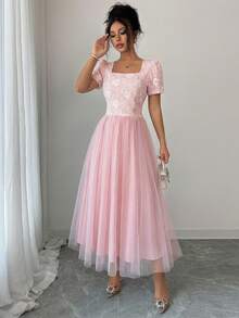 SHEIN Elenzya 女士优雅圆领雪纺长袖连衣裙，收腰设计，A字廓形，花卉纹理面料，适合外出和约会，春夏款 - 粉色 - 查看 4