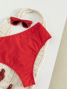 Swim Vcay Bottom de bikini de diseño minimalista con fruncido en talla grande de unicolor - Rojo - Ver 5
