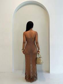 SHEIN BamGlam 女士沙滩夏季钩编网纱流苏下摆连衣裙，假两件式设计，连体裤搭配性感透明网纱无肩带连衣裙，适合夏季沙滩度假 - 棕色 - 查看 2
