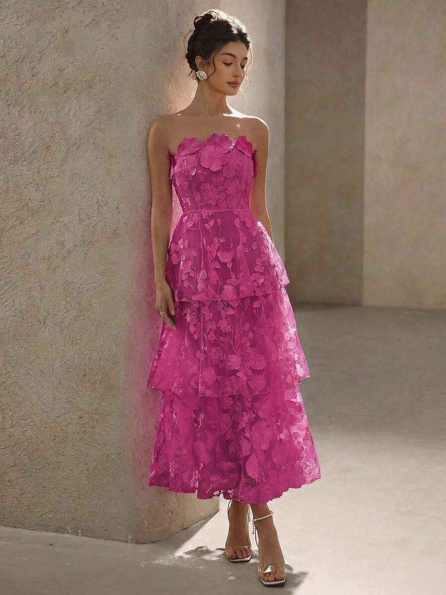 BELROSIE Solid Color Luxurious High-End Party Floral Strapless Dress, Suitable For Spring And Summer - Hot Pink - View 1