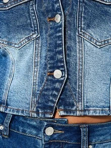 BABYPHAT Embroidered Denim Cropped Fitted Button Front Lapel Collar Long Sleeve Jacket With Chest Pockets Classic Outerwear - Blue - View 4