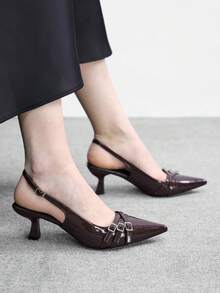 CUCCOO BIZCHIC 女鞋 女士尖头细高跟酒红色多条纹后跟带优雅通勤女鞋后跟凉鞋适合日常百搭工作购物女鞋 - 深酒紅 - 查看 4