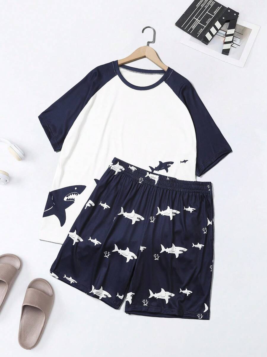 Velminro 男士卡通鲨鱼印花圆领短袖上衣和裤子睡衣套装 - 藏蓝色 - 查看 1
