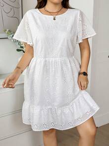 SHEIN LUNE 大码女式夏季休闲度假风纯色荷叶袖荷叶边连衣裙 - 白色 - 查看 12
