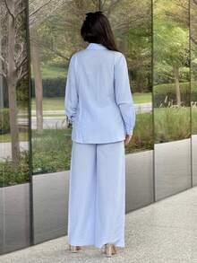 Veilorie Women's Elegant Casual Vacation Daily Commute Simple Solid Color Drawstring Tie Long Sleeve Shirt And Wide Leg Pants 2-Piece Set, Spring/Autumn - Blue - View 3