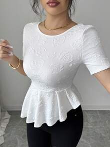 SHEIN Elenzya Elegant Rose Jacquard Satin Bow Tie Waist Irregular Ruffle Hem Women Short Sleeve T-Shirt - White - View 3