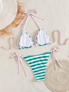 Swim Mod Bộ bikini cỡ lớn - Phong cách ngọt ngào Âu Mỹ với họa tiết sọc, bèo nhún, phối màu, cổ yếm. - Nhiều màu - Xem 2