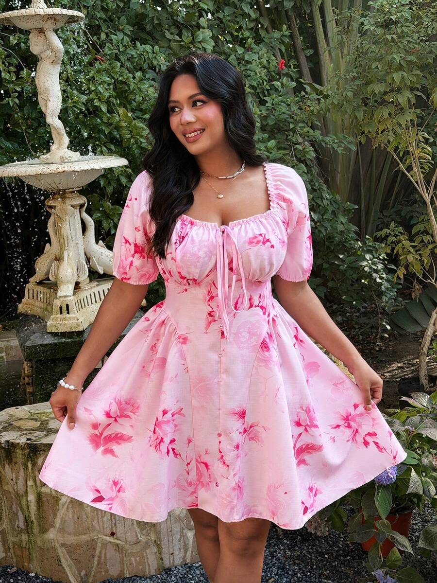 Lyrianda Modest Plus Size Floral Print Waist Cinched Flared Hem Casual Dress, Suitable For Spring/Summer - Pink - View 1