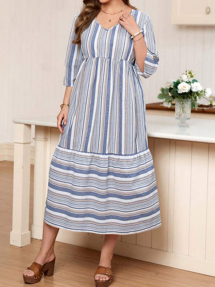 Cute Woven Fabric Plus Size Striped Smock Dress With V Neck Three Quarter Sleeve And Flounce Ruffle Hem Picnic Dresses For Women Blue Striped Dress Plus Casual Dress
