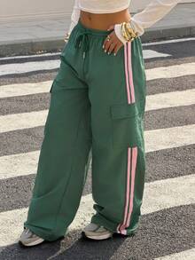 Muchica Summer Going Out  Drawstring Waist Color Block Casual Cargo Wide Leg Pants - Army Green - View 4