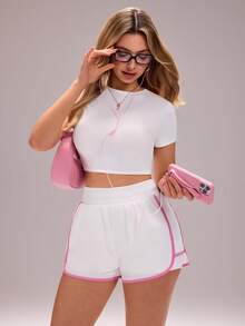 Sovereign Charm Contrast Color Trim Elastic Waist Fashionable Sports Shorts, Summer - White - View 5