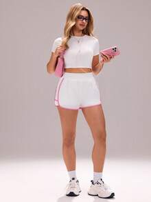 Sovereign Charm Contrast Color Trim Elastic Waist Fashionable Sports Shorts, Summer - White - View 7