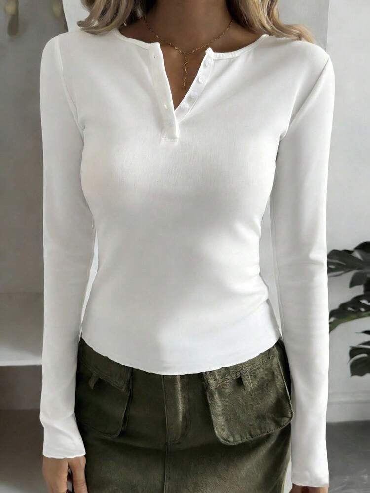 Women's Casual Everyday Quarter Button Long Sleeve Fitted T-Shirt, Autumn