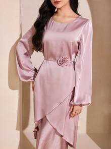 Graceveil Elegante Damen Bluse aus Acetat-Satin mit 3D Blumen Dekor, Bindegürtel und asymmetrischen Ärmeln - Pink - Übersicht 8