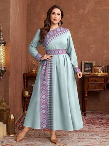 Al Najma Plus Size Women Arabic Style Elegant Floral Print Waist Cinched Dress, Suitable For Spring And Autumn - Cadet Blue - View 1