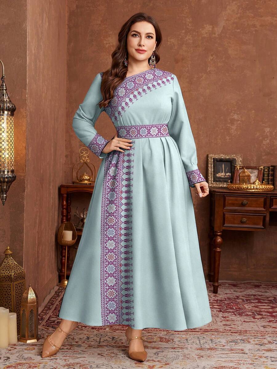 Al Najma Plus Size Women Arabic Style Elegant Floral Print Waist Cinched Dress, Suitable For Spring And Autumn - Cadet Blue - View 1
