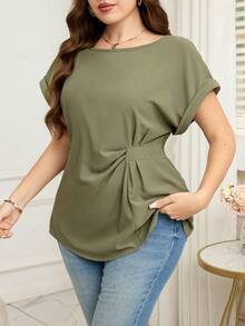 Reflora Plus Size Olive Green Summer Smart Casual Office Blouse,Solid Rolled Sleeve Waist Ruched Elegant Minimalist Short Sleeve Tie Front Top For Mother - Green - View 6