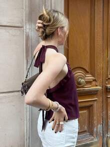 SHEIN Frenchy Áo kiểu nữ màu trơn, cổ yếm, buộc dây sau lưng, thời trang, đa năng, thích hợp cho hẹn hò và đi chơi, kiểu Pháp màu đỏ rượu vang, chất liệu chiffon xếp nếp, không tay, buộc dây sau lưng, áo cổ yếm gợi cảm, ôm dáng, chất liệu chiffon mềm mại, thích hợp cho kỳ nghỉ hè, du lịch, thanh lịch, áo phù dâu, áo dự tiệc. - Màu đỏ tím - Xem 2