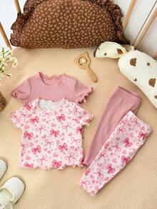 SHEIN Kids Dozemod 四件套休闲蝴蝶结图案荷叶边圆领短袖上衣和裤子针织罗纹睡衣套装，适合新生女童，夏季印花 - 粉色 - 查看 6