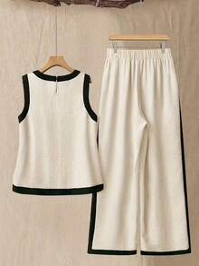 Franclia Petite Bộ đồ nữ thanh lịch gồm áo tank top cổ tròn màu trơn và quần ống rộng phối màu tương phản, thích hợp cho kỳ nghỉ và mặc thường ngày. - Màu be - Xem 2
