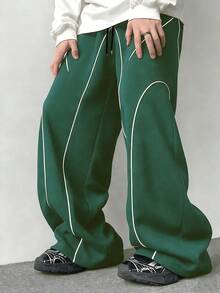 Claim Dot 男士撞色滚边斜插口袋抽绳腰休闲阔腿运动裤 - 墨綠色 - 查看 4