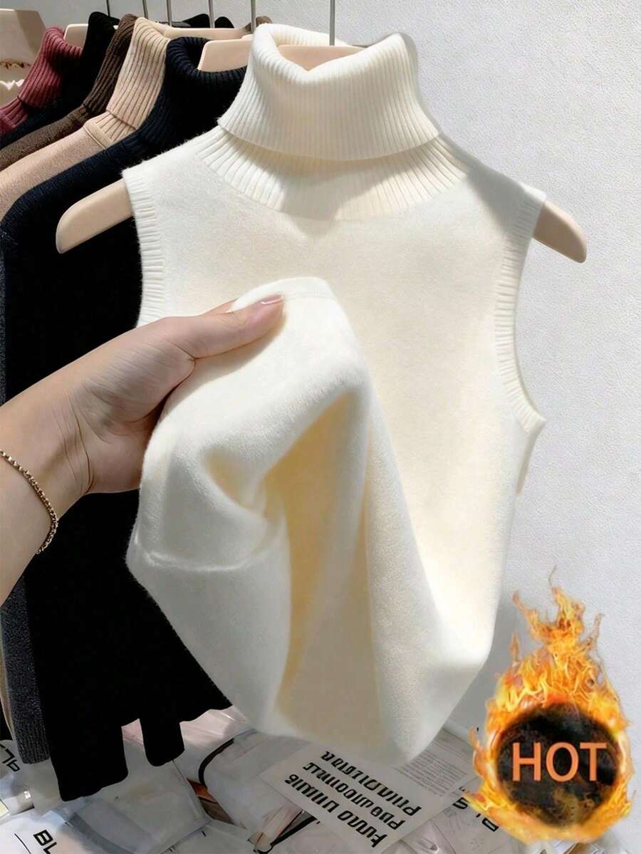 SHEIN PETITE Fashionable New Autumn/Winter Sleeveless Knit Vest For Women, Slim Fit, Soft & Cozy, Tight Fitting, Thickened, High Collar, Layering Undershirt - Apricot - View 1