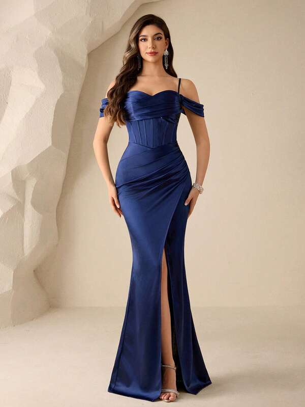 Coutiva Women's Elegant Solid Color Pleated Split Formal Evening Gown Dress, Summer