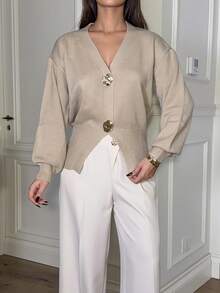 Ronhire Áo khoác cardigan cài nút màu trơn dành cho nữ - Màu be - Xem 3