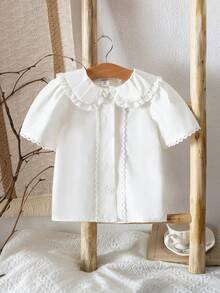 Elladie kids 女童休闲简约白色蕾丝边短袖衬衫，百搭时尚春夏新品，校园风 - 白色 - 查看 9