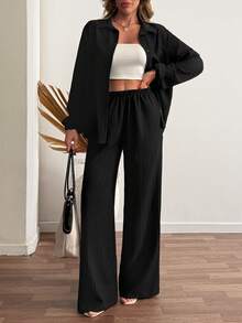 Black Long Sleeve Button-Up Shirt And Wide Leg Pants Two Pieces Set - Black - View 3