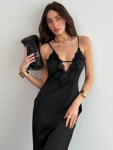 Aloruh Women's Cold Shoulder Spaghetti Strap Black Contrast Lace Asymmetric Hem Dress, Camisole Dress, Party Dress, Elegant Dresses For Party, Sexy Dress, Black Dress, Old Money Style ,Summer Dress - Black - View 8