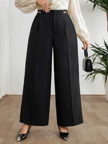 Modelyn Pantalones de pierna ancha de unicolor versátiles y de moda para tallas grandes - Negro - Ver 4