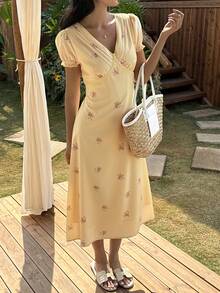 Livesso Spring & Summer Yellow Floral All-Over Print Fitted Midi Dress, Casual Beach Vacation Vibe, V-Neck Lace Patchwork Design - Yellow - View 7