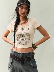 SoleilVie Women's White Crew Neck Printed Rivet Washed Vintage Casual T-Shirt Graphic Crop Tops,Summer Boho Music Festival Western Tees - Apricot - View 5