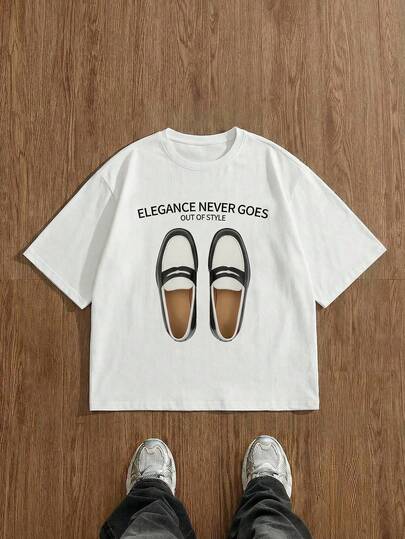 SWAVVY Men's Graphic T-Shirt, ELEGANCE NEVER GOES OUT OF STYLE, Letter Print, Casual Everyday Wear Top. Men Slogan Tee Casual Short Sleeve T Shirt Loafers Print T-Shirt Men Graphic Tee Men Round Neck Short Sleeve Tee