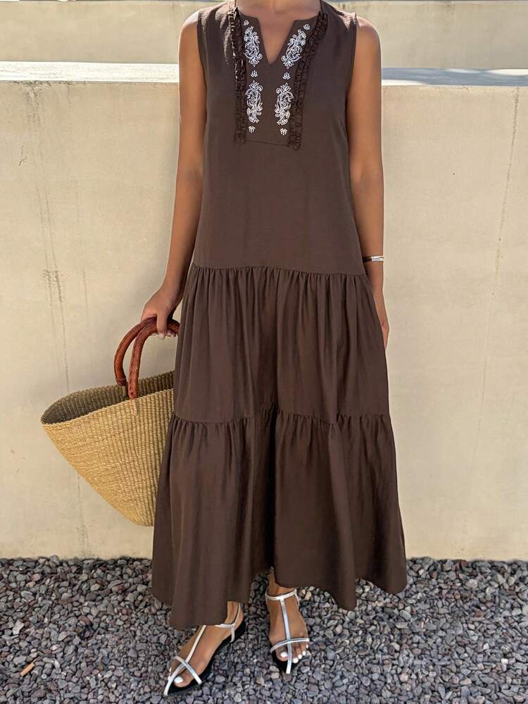 Women's V-Neck Sleeveless Frill Trim Floral Embroidery Elegant Dress, Vacation Style Sundress Summer