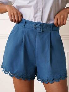 Lilora Damen einfarbige plissierte lässige vielseitige Alltagsshorts mit Zackensaum, hoher Taille, blaue Shorts, hochwertig, modisch, vielseitig und elegant Stickerei, geeignet für den Arbeitsweg, den täglichen Casual-Ausgang, Partys, Dates, Treffen, Freizeitaktivitäten, Picknicks, Urlaube, Sommerreisen und Ferien. Elegante Shorts mit Zackensaum, stilvolle Shorts, Shorts mit Gürtel, Shorts für Damen, Sommer-Outfits für Damen, Damen-Shorts, Sommer-Shorts für Damen - Blau - Übersicht 7