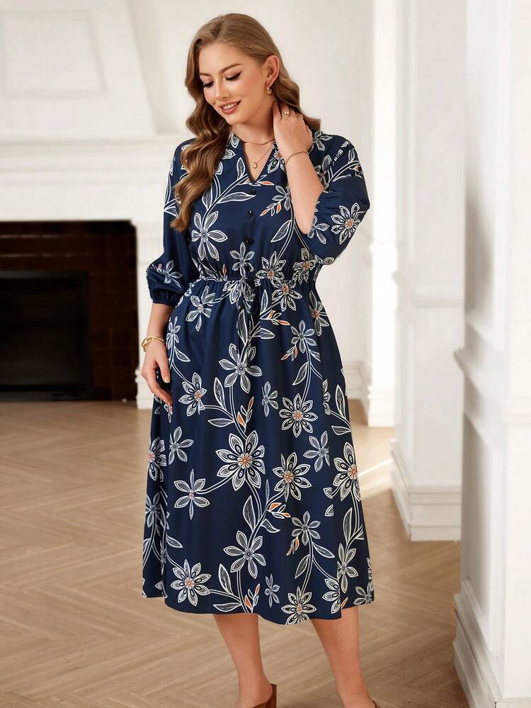 Plus Size Women Floral Print V-Neck Ruched Casual Vacation Date Dress Plus Size Floral Dress Summer Outfits Beach Outfit For Women Summer Holiday Outfits Casual Outfit For Women, Summer Dresses