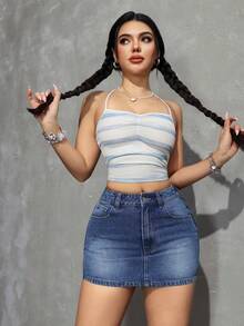 SHEIN PETITE 女士休闲日常牛仔迷你裙，带口袋和纽扣 - 深色水洗藍 - 查看 6