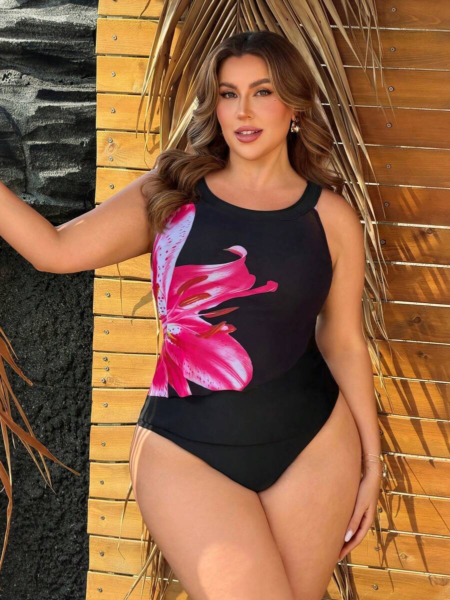 Swim Lushoire Plus Size Women's Black Summer Elegant Formal Beach Evening Holiday Swimwear, Large Floral Print Tummy Control Wide Wireless Bikini Top - Black - View 1