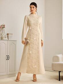 Al Najma 女士纯色刺绣立领修身优雅长袖阿拉伯连衣裙 - 綠色 - 查看 2