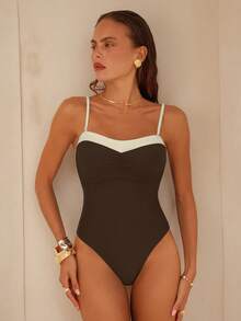 Swim Chiccia 1 bộ đồ bơi liền thân nữ thanh lịch, màu trơn, phối bèo nhún, dây đeo có thể điều chỉnh. - Cà phê nâu - Xem 3