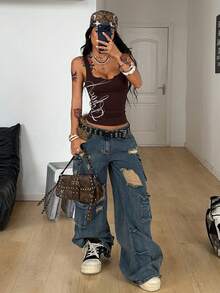 Coolane 棕色方领针织字母印花修身吊带背心 - 摩卡棕 - 查看 7