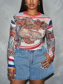Slaydiva Plus Size Women's Mesh Sheer Long Sleeve Printed Blouse, Beige Autumn Boho Vacation Streetwear Western Chic Music Festival Beach Vacation Party Top - Multicolor - View 6