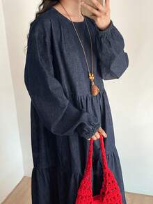 FRIFUL 女士休闲褶皱灯笼袖牛仔连衣裙，秋季 - 藍色 - 查看 6