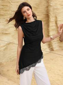 Mulvari Black Elegant Ruffled Collar Lace Patchwork Asymmetrical Fitted Sleeveless Top For Women - Black - View 6