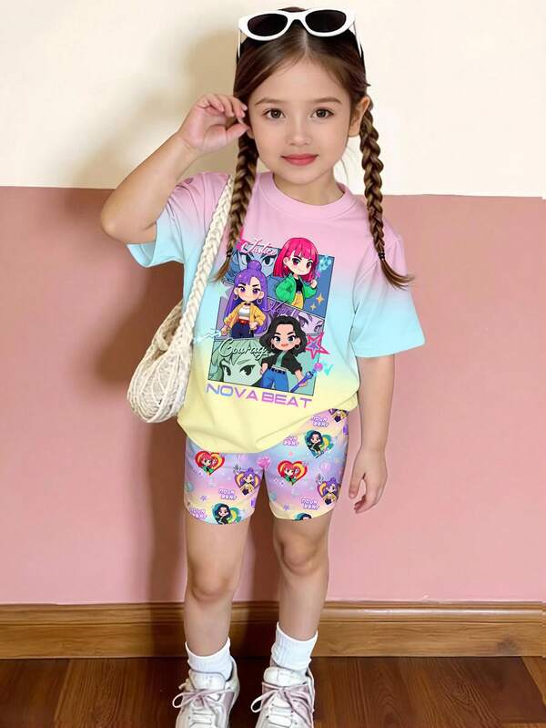 2pcs/Set Young Girls Gradient Color Girl Group Graphic Print Round Neck Short Sleeve T-Shirt Top And Tight Fit Shorts Set, Suitable For 4-7 Years Old Girls Indoor And Outdoor Daily Casual Wear Kids Shirt And Shorts Girl Kid Girl Summer Set Kawaii Clothes Kids
