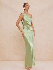 Lumalex 女士优雅性感绿色缎面亮面不对称扭结褶皱无袖修身喇叭连衣裙，春夏款 - 綠色 - 查看 4