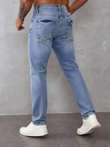 Pantalones rectos elásticos, diseño minimalista y versátil - Azul claro - Ver 2