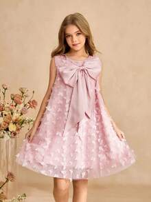 SHEIN Đầm công chúa thanh lịch cho bé gái tuổi teen, đầm phồng 3D dễ thương, nơ lớn trang trí vai, đầm chữ A rộng không tay, thích hợp cho tiệc tùng, sinh nhật, đi chơi, biểu diễn, đầm lưới màu hồng. - Hồng - Xem 3